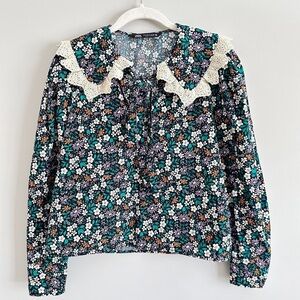 ZARA Ditsy Floral Cottagecore Printed Blouse with Ruffle and Lace Trim Small